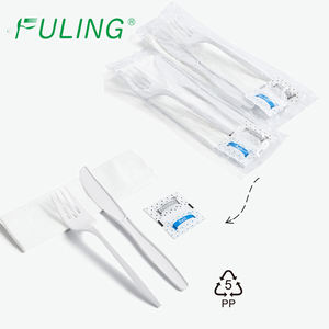FULING Pack de <span class=keywords><strong>couverts</strong></span> en plastique blanc emballés de poids moyen avec serviette et sel poivre Couteau cuillère et fourchette jetables en PP - Product Image 1