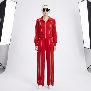 2026 Trendy Women's <b>Red</b> Tracksuit Set Vintage <b>Striped</b> 2 Piece Zip-Up Jacket and Wide Leg Pants Retro Athletic Streetwear Luxury - Product Image 1