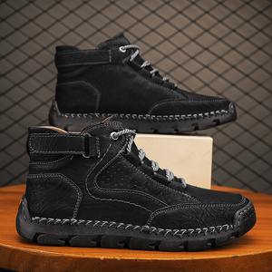 Bottes en cuir pour hommes, bottines élégantes cousues à la main avec semelle plate et lacets, pour un usage décontracté - Product Image 3