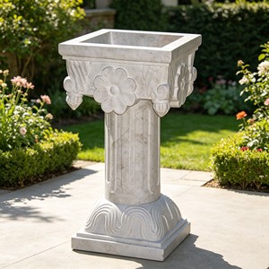Jardinière carrée en marbre blanc style colonne romaine, sculptée à la main avec motifs floraux, pot sur piédestal en pierre, urne de jardin pour villa, vente en gros, sur mesure - Product Image 1