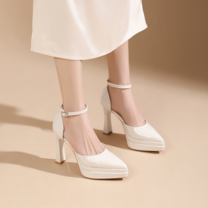 Chaussures à talons hauts blanches pour femmes, talon épais de 11 cm, à enfiler, plateforme imperméable, bout pointu, nouvelle collection printemps 2026 - Product Image 4