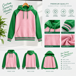 Sorority <b>Pink</b> Green Raglan Sleeve Hooded Fleece <b>Sweatshirt</b> Color Blocking Casual Regular Fit Autumn Wear - Product Image 3