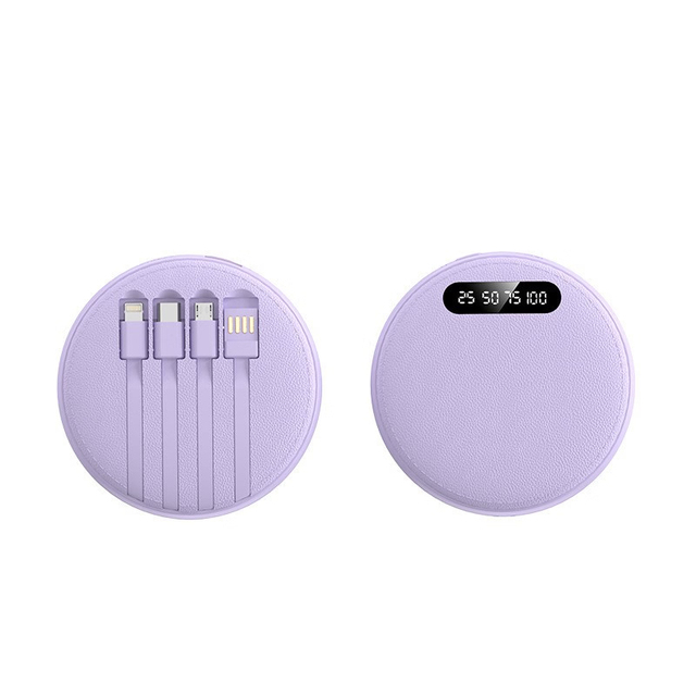 Round Shaped Portable Power Bank Built In Multi Interface Cable High Capacity Compact Pocket Travel Charger