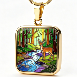 Colgante Rectangular Chapado en Oro con Escena de Ciervos en el Bosque, Artesanía Metálica con Temática Animal y Esmaltado - Product Image 3