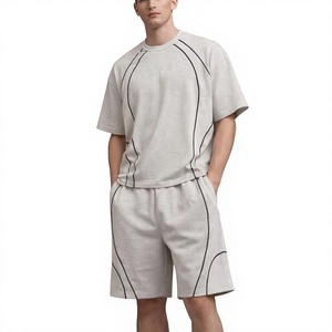 Summer Custom Contrast Stitching Piping Mens Heavy <b>Weight</b> 100% Cotton <b>Blank</b> t Shirt and Sweat Shorts Set - Product Image 1