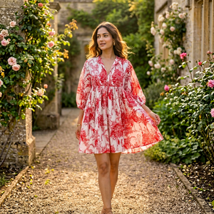 Vestido Mini de Gasa con Estampado Floral, Cuello en V, Corte Holgado, Manga con Volantes, Vestido Casual de Verano para Mujer, Hermoso Estampado, Cómodo - Product Image 1