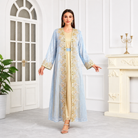 Ensemble de deux pièces kaftan brodé pour femmes, robe longue musulmane à manches longues, abaya dorée avec perles, pour l'Aïd, le Ramadan, l'hiver, en polyester, vente en gros