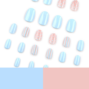 <span class=keywords><strong>Faux</strong></span> ongles courts à presser en PMMA, <span class=keywords><strong>bleu</strong></span> <span class=keywords><strong>pastel</strong></span> et rose, réutilisables, motif rayé, flexibles et résistants - Product Image 4