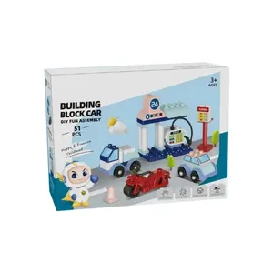 最佳儿童教育学习51pcs自助加油站塑料组装积木diy儿童玩具车