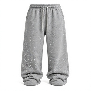 Men's Grey Crystal Sweatpants Wide Leg Hip Hop <b>Trousers</b> Elastic Waist Drawstring Autumn Pants - Product Image 1