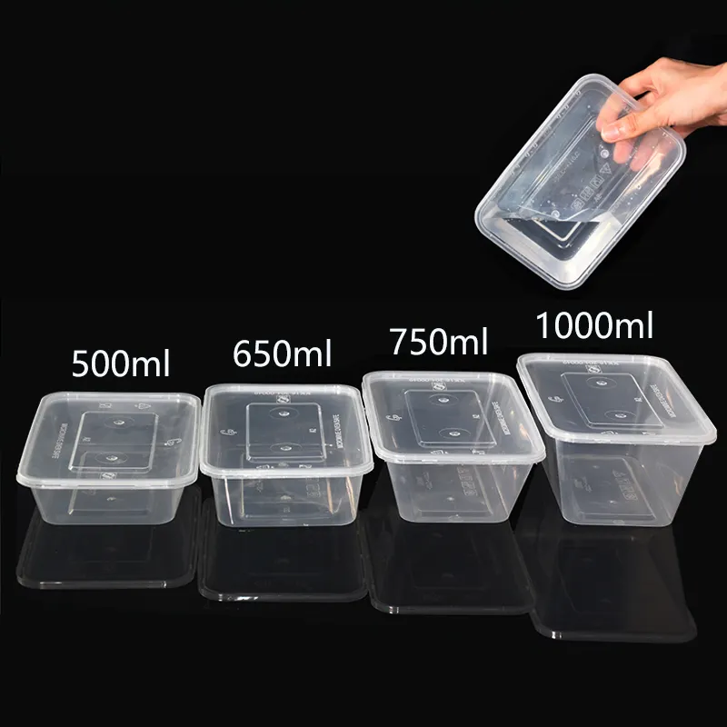 Contenedores rectangulares de plástico para alimentos, contenedores de comida con tapa, 500ml, 650ml, 750ml, 1000ml, venta al por mayor