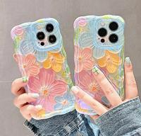 Coque de téléphone Blu-ray effet peinture à l'huile florale pour iPhone 16 15 Pro 14 11 12 13 Pro Max, étui scintillant coloré à motif floral mignon pour femmes et filles