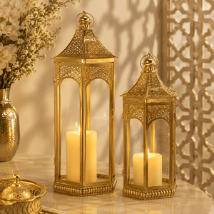 Ensemble de lanternes en verre et métal marocaines dorées en gros pour le Ramadan, grande lanterne à bougie pour la décoration du Ramadan, de l'Aïd et des mariages - Product Image 1