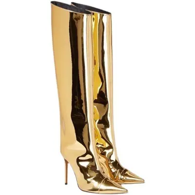 Dropshipping 패션 디자인 가을 실버 골드 스틸레토 하이힐 특허 가죽 여성 부츠 사이드 지퍼 허벅지 높은 부츠