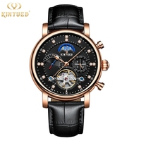 KINYUED J025 Nouvelle montre-bracelet automatique mécanique de luxe pour homme avec bracelet en cuir noir et phase de lune