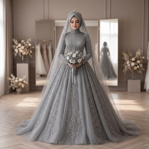 Elegant <b>Bride</b> Gray Ball <b>Gown</b> Wedding Dress High Neck Long Sleeve Beaded Embroidered Chiffon Cathedral/Royal Train Vintage - Product Image 3