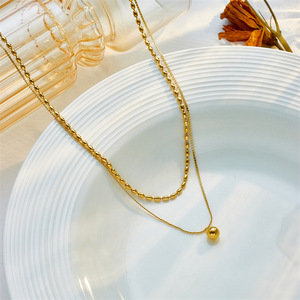 Double Layered Beaded Pendant Necklace Gold Chain Ball Shape Geometric Design Clavicle Jewelry Fashion Minimalist Style - Product Image 3