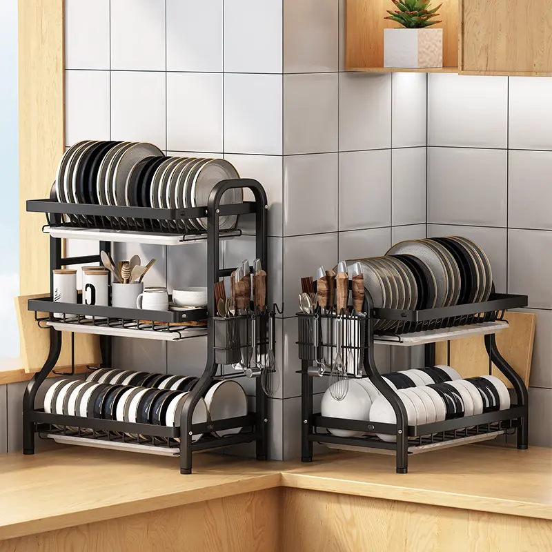 أدوات مائدة ورفوف تنظيم رفوف تخزين رفوف مزدوجة لتجفيف الأطباق رف تجفيف للمطبخ مع الإكسسوارات