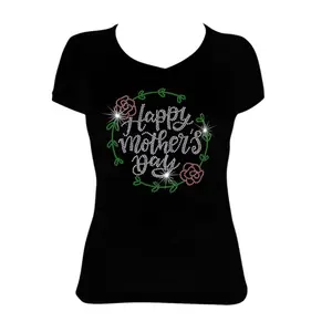 Custom Crystal Mother Flower Hotfix Rhinestone Motif Bling Happy Mother's Day Heart Heat Transfer Rhinestones Printing T-shirt