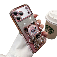 Coque de téléphone antichoc électroplaquée à paillettes pour iPhone 11-17, motif ours mignon, avec support magnétique intégré