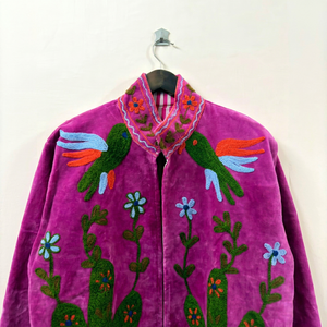 Luxury Fuchsia <b>Velvet</b> Embroidered Suzani <b>Jacket</b> With Cactus Bird Pattern Full Sleeve Stand Collar Bohemian <b>Women</b> Winter Coat - Product Image 2