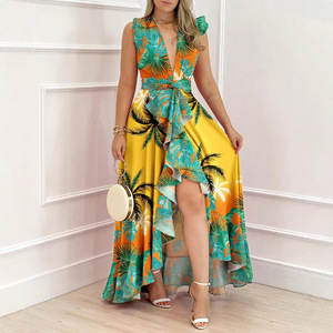 Vestido Casual con Estampado de Palmeras, Cuello en V Profundo, Cintura Alta, Asimétrico, Transpirable, para el Verano - Product Image 3