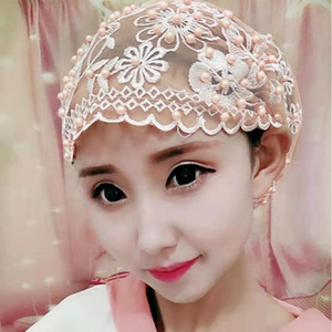 Women's Long-Tail Ethnic Velvet Gauze Mesh Floral Design, Pearl Muslim <b>Hat</b>, Headscarf, Wrap Cap, Turban - Product Image 3