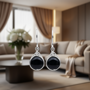 Orecchini pendenti classici placcati in argento sterling con onice nero incorniciato, design a goccia d'acqua per l'uso quotidiano da donna E2831 - Product Image 2