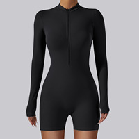 GZ6005-1 Romper Yoga Lengan Panjang Solid dengan Logo Kustom, Set Jumpsuit Legging Pendek Wanita dengan Ritsleting Depan Seksi, Pinggang Elastis Tinggi