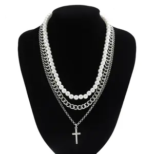 Chain Long Necklace With Pearl For Women Men Cross Pearl Men #39 S Necklace Set