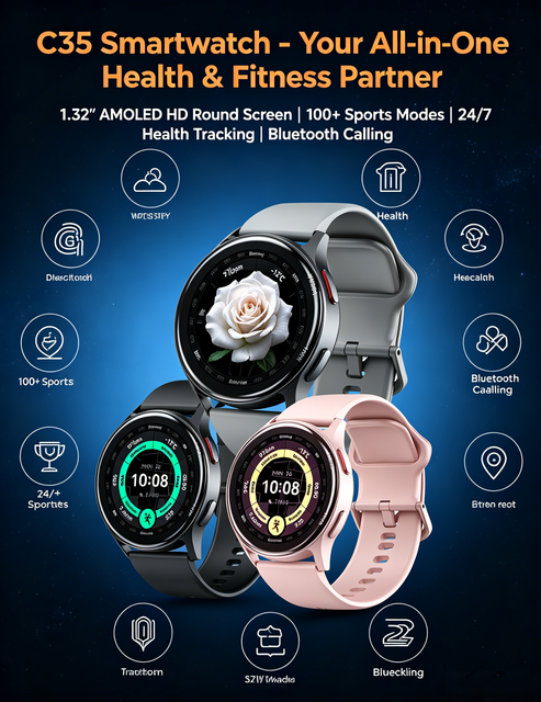 C35 Smartwatch 1.32 Inch AMOLED Round Screen Resolution 250mAh High-Voltage Battery 100+ Sports Modes Live Detection Heart Rate