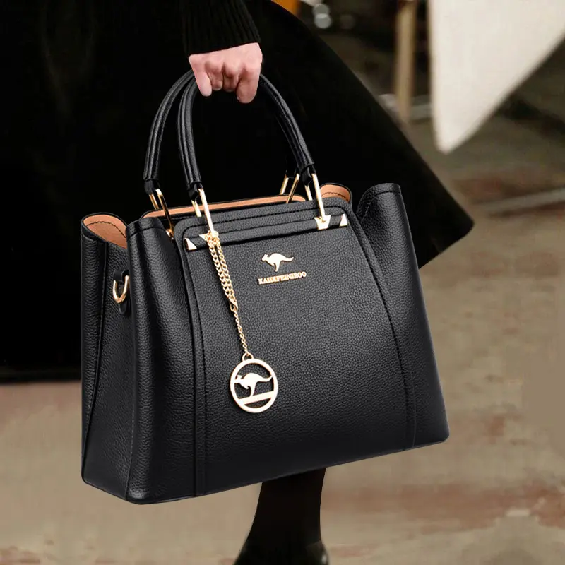 Bolsa feminina de couro macio, bolsa feminina transversal de 3 camadas tamanho grande