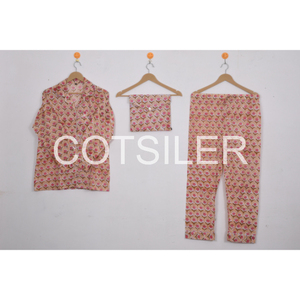 Conjunto de pijama de algodón con estampado de bloque de mano de calidad superior, conjunto de PJ para adultos, camisa de mujer, pantalón con bolsa, vestido de noche de verano para mujer - Product Image 2