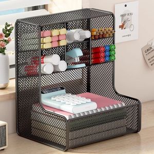Estante de almacenamiento para escritorio, soporte de malla de 3 niveles para bolígrafos, organizador de escritorio para oficina, suministros para estudiantes, acero al carbono, negro - Product Image 1