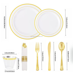 Ensemble de couverts jetables en plastique à bord doré, vaisselle pour 10 invités, articles de table élégants pour dîners - Product Image 3
