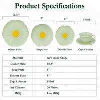 Lot de 20 pièces de vaisselle en porcelaine motif marguerite, avec pétales en relief 3D, en nouvelle porcelaine fine durable, comprenant assiettes et tasses, compatible lave-vaisselle