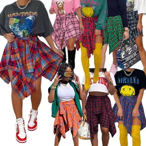 女性のファッションストリートウェア自由奔放に生きる包帯結ばれた袖のシャツ女性のカジュアルのための不規則な格子縞のスカート