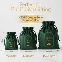 Sac cadeau en velours vert, pochette d'emballage Eid Mubarak, logo personnalisé, feuille d'or pour bijoux Eidiya