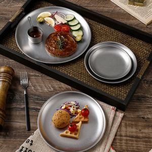 Wholesale Round Restaurant Dinner Plates Korean Simple and Retro Frosted Matte Silver Stainless Steel Plate - Product Image 2