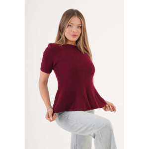 Pull en gros pour femmes, couleur bordeaux, style décontracté, manches courtes, ourlet à volants, décoration boutonnée, tricot imprimé pour l'été et l'hiver - Product Image 4