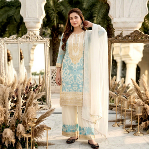 Ensemble salwar kameez brodé bleu sarcelle et or avec pantalon palazzo blanc et dupatta pour femme - Product Image 1