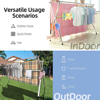 Séchoir à linge métallique à un seul niveau, pliable et réglable, gain de place, pour salon, intérieur et extérieur, avec crochets