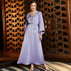 2023 Modest Purple Satin With Belt Turkish Dubai Long Rope Set Muslim Dress Islamic Eid Kaftan Abaya for Ladies