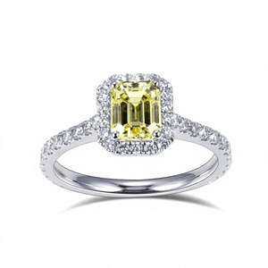 Yellow <b>Emerald</b> Cut Lab Grown Diamond Halo <b>Ring</b> S925 Sterling <b>Silver</b> Rhodium Plated Women Engagement Wedding Band - Product Image 4