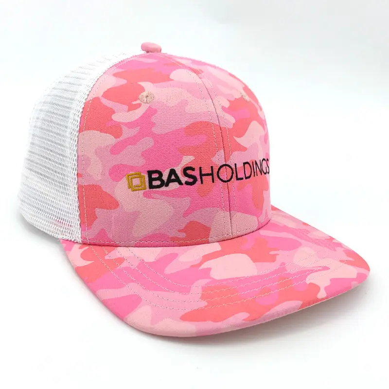 Großhandel rosa Mesh Baseball mütze 6 Panel flache Krempe Snapback Cap verstellbare Polyester Print Logo Trucker Hut