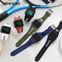 Montre numérique pour homme, boîtier carré, affichage vert, fonctions multiples, acier noir, bracelet en silicone bleu, sport