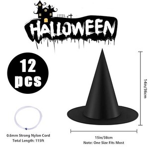 Chapeau de sorcier d'Halloween, 12 pièces, chapeau de sorcière pointu noir avec ligne de pêche pour décoration de fête - Product Image 4