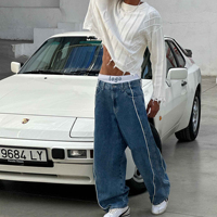 Jean en denim OEM bleu délavé à l'acide et au sel, coupe large unie, avec coutures courbées légères, passepoilé, gris vintage, coupe ample, boutons et rivets pour homme