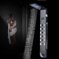 Panneau de douche mural noir avec LED, pommeau de douche pluie et cascade, fonction massage, en acier inoxydable pour salle de bain