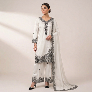 Costume Anarkali traditionnel pour femmes, en coton blanc brodé, coupe ample, longueur au sol, style Inde Pakistan, tenue de mariage - Product Image 1